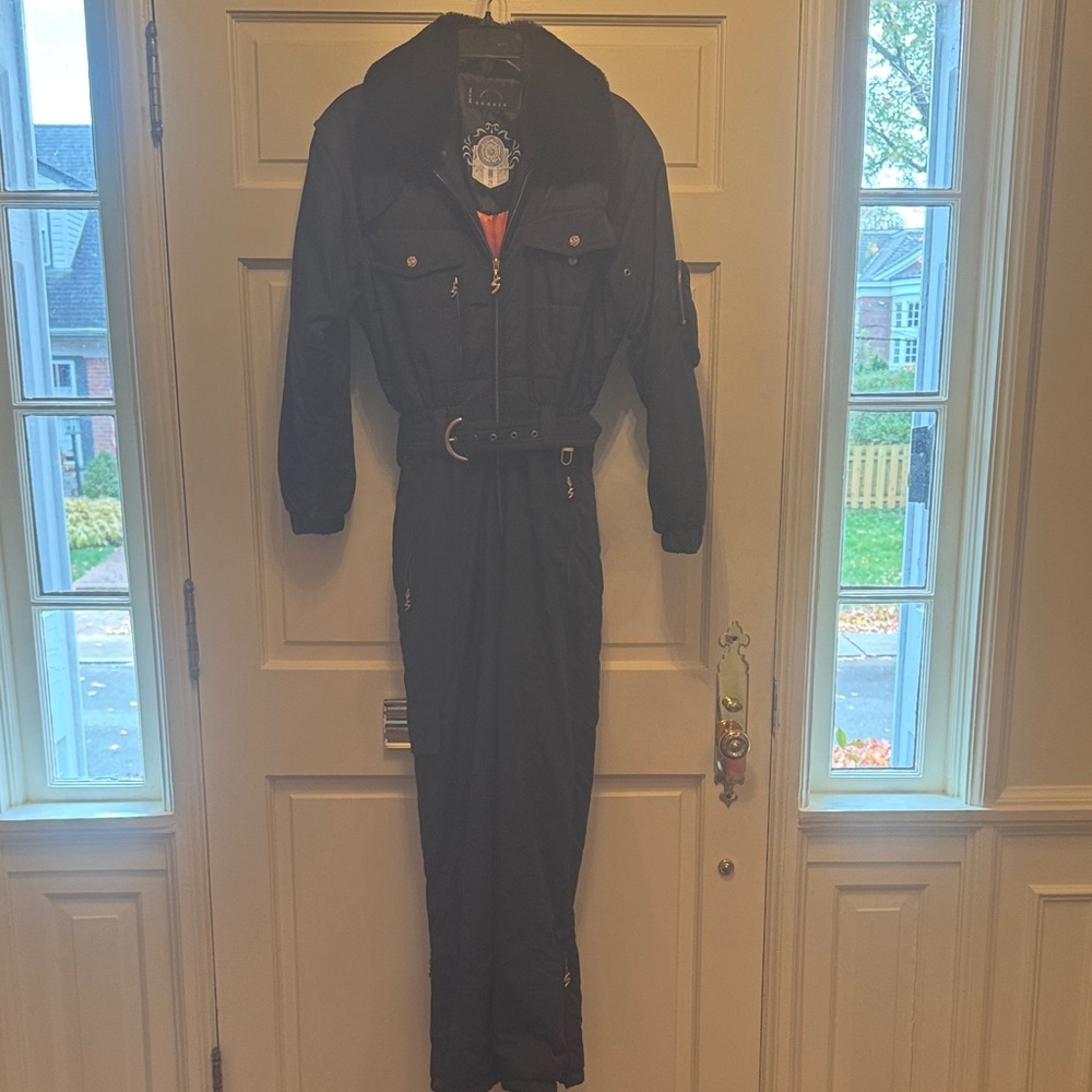 Gorgeous Bogner-not Sport one piece skisuit with gold S’s for Sonia Bogner.